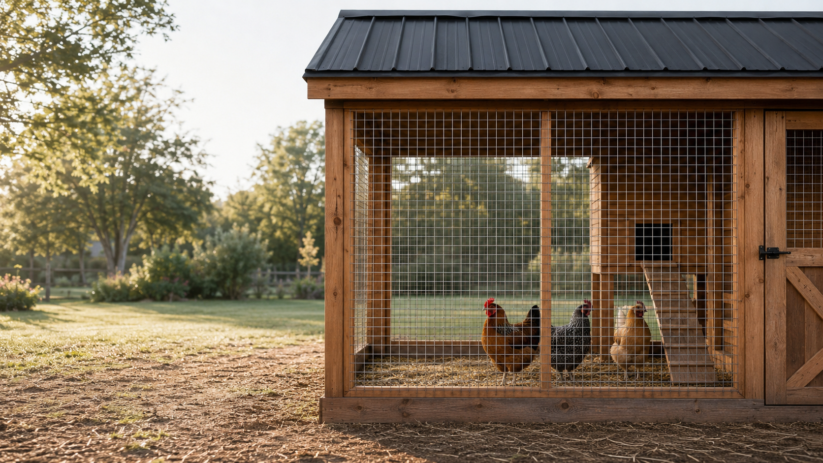 Large cedar chicken run protected with square galvanized welded wire mesh